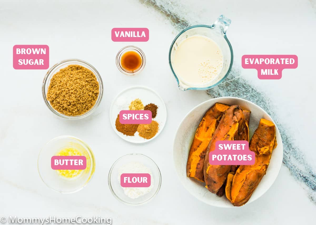 Ingredients needed to make eggless sweet potato pie with name tags. 