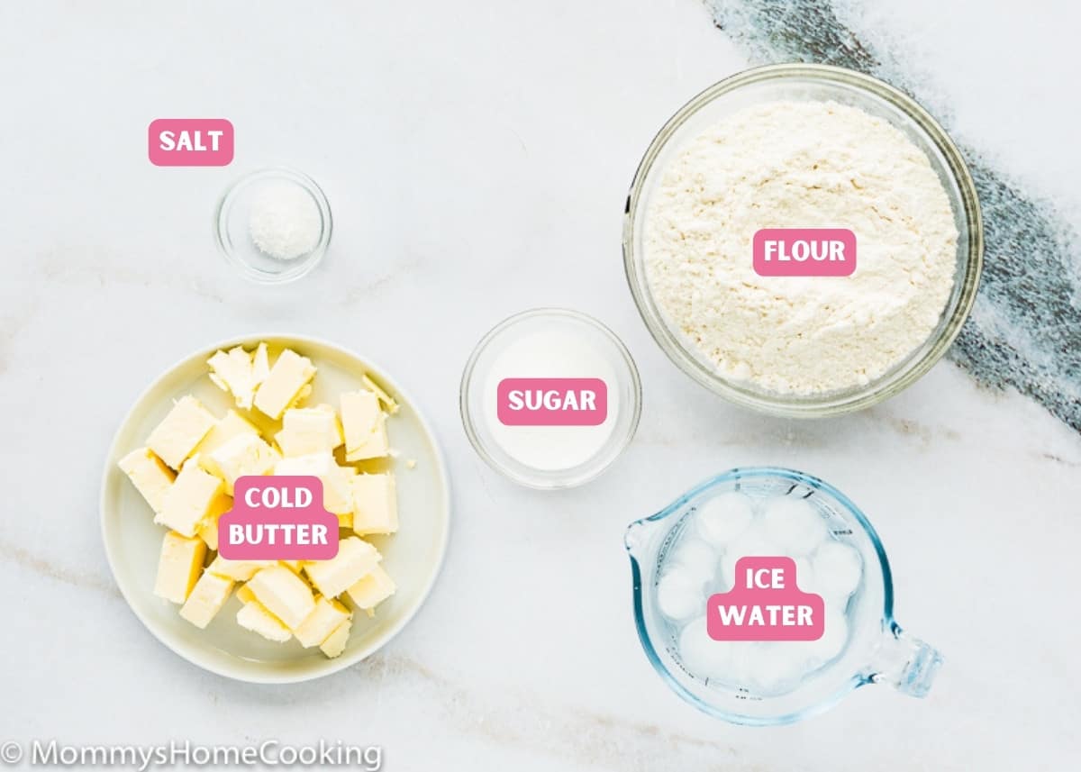Ingredients needed to make homemade pie crust with name tags.