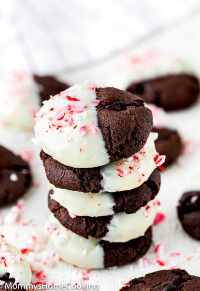 Eggless Triple Chocolate Peppermint Cookies decorated with crushed candy canes