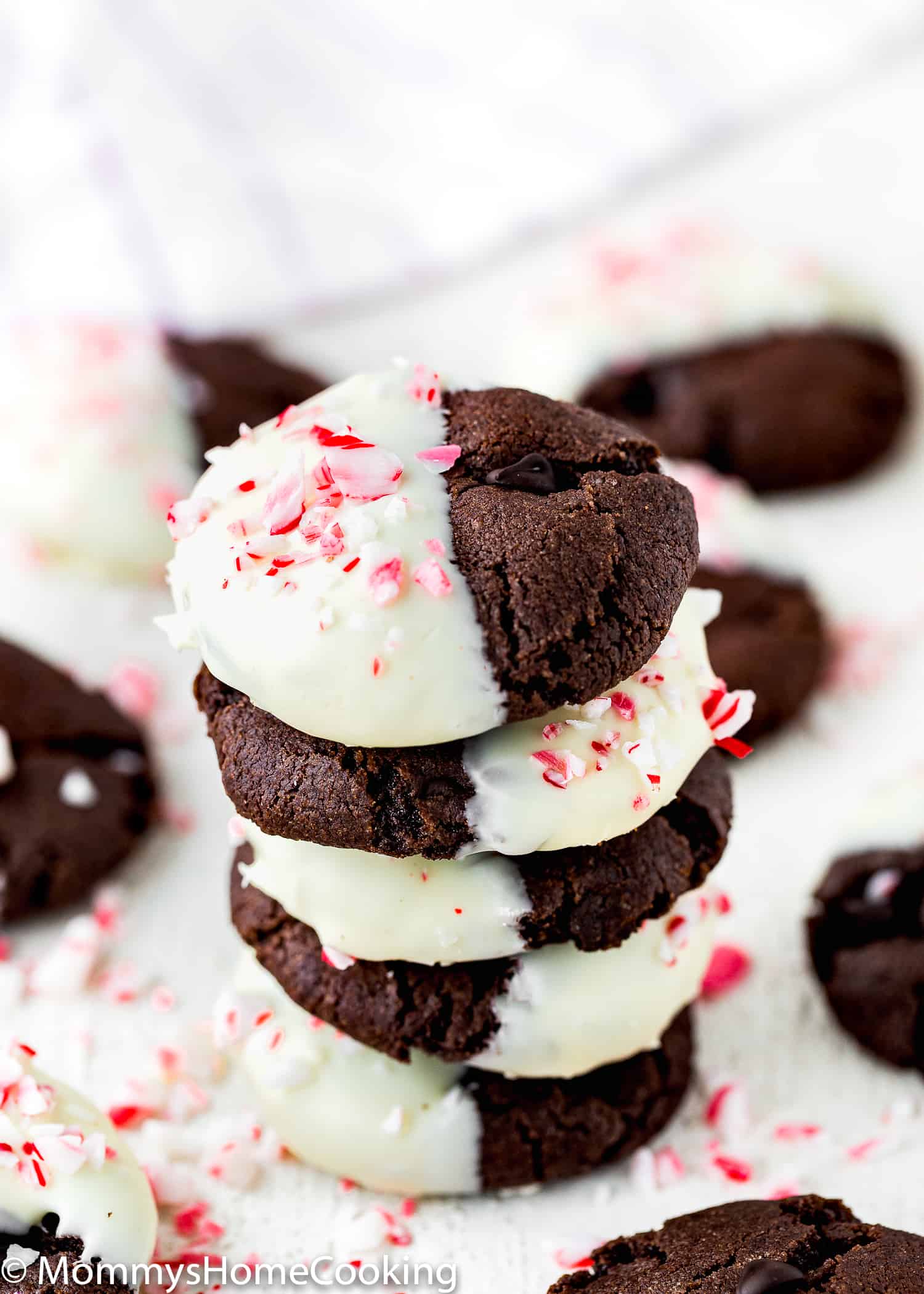 Eggless Triple Chocolate Peppermint Cookies decorated with crushed candy canes
