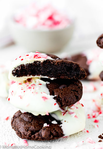 Eggless Triple Chocolate Peppermint Cookies showing fudgy center