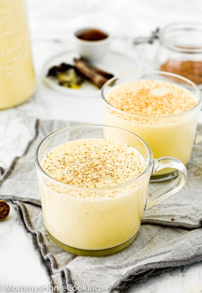 two cups with Homemade Eggless Eggnog.