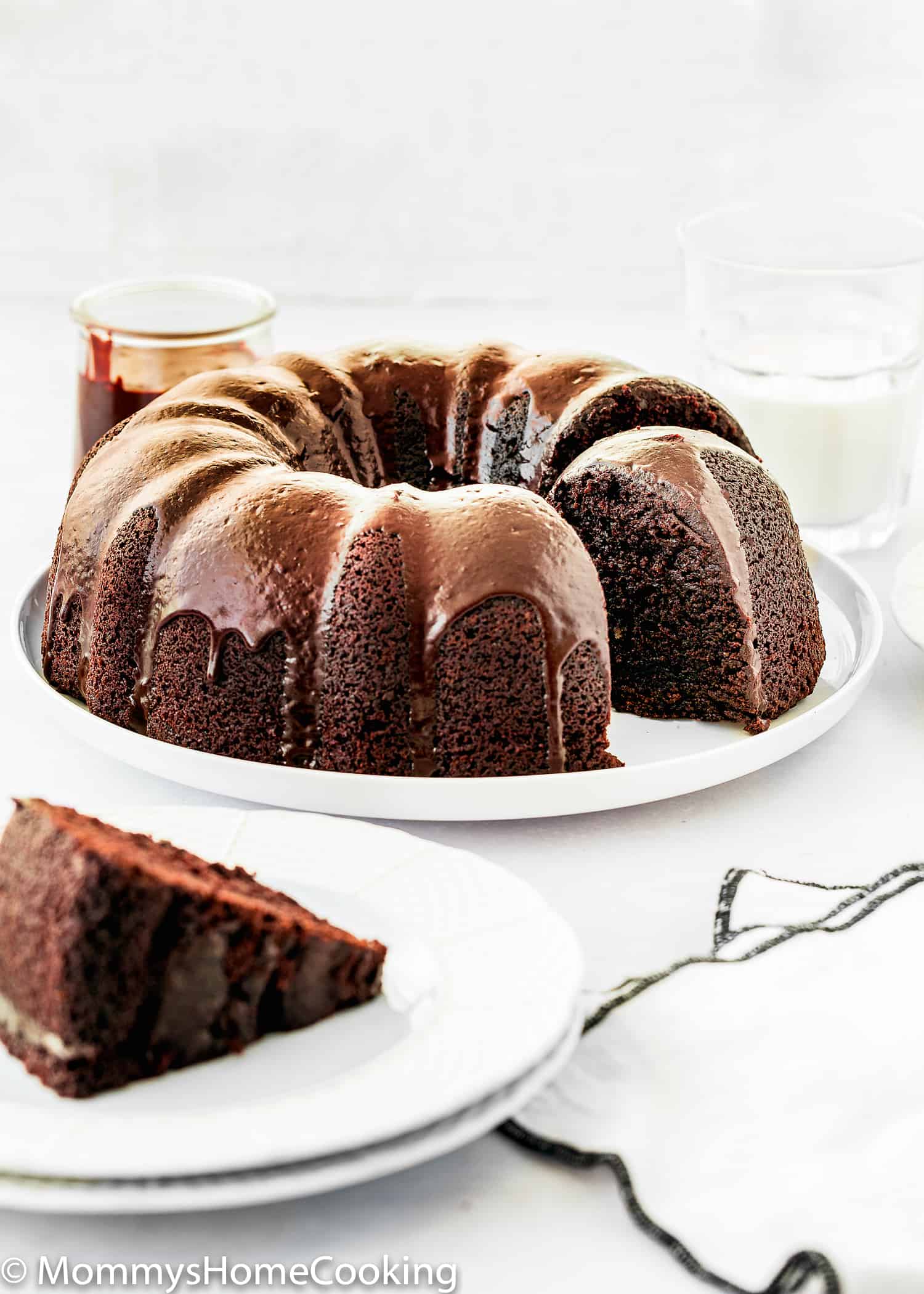 Eggless Chocolate Bundt Cake on a serving plate.