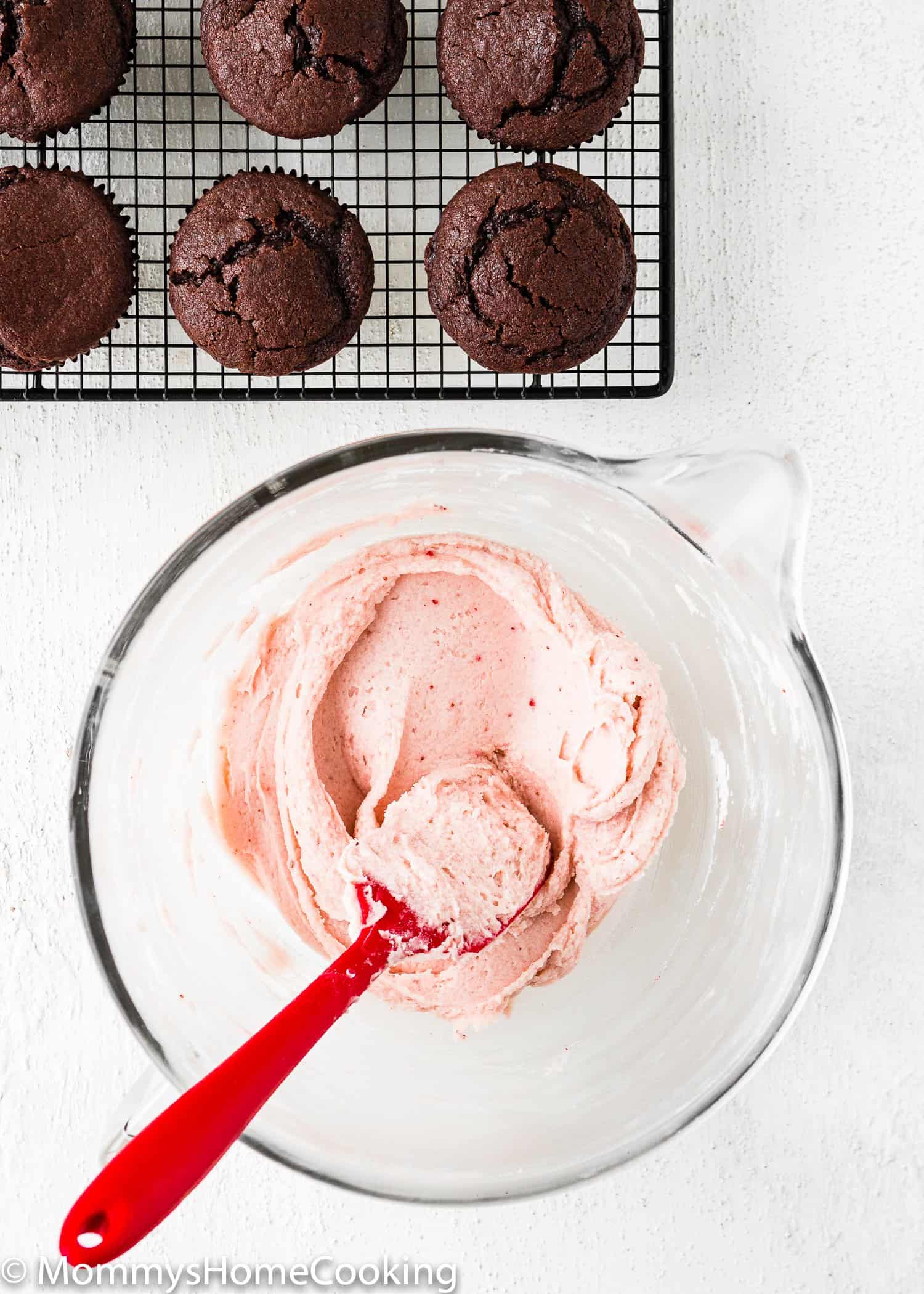 Eggless Chocolate Cupcakes and strawberry frosting 