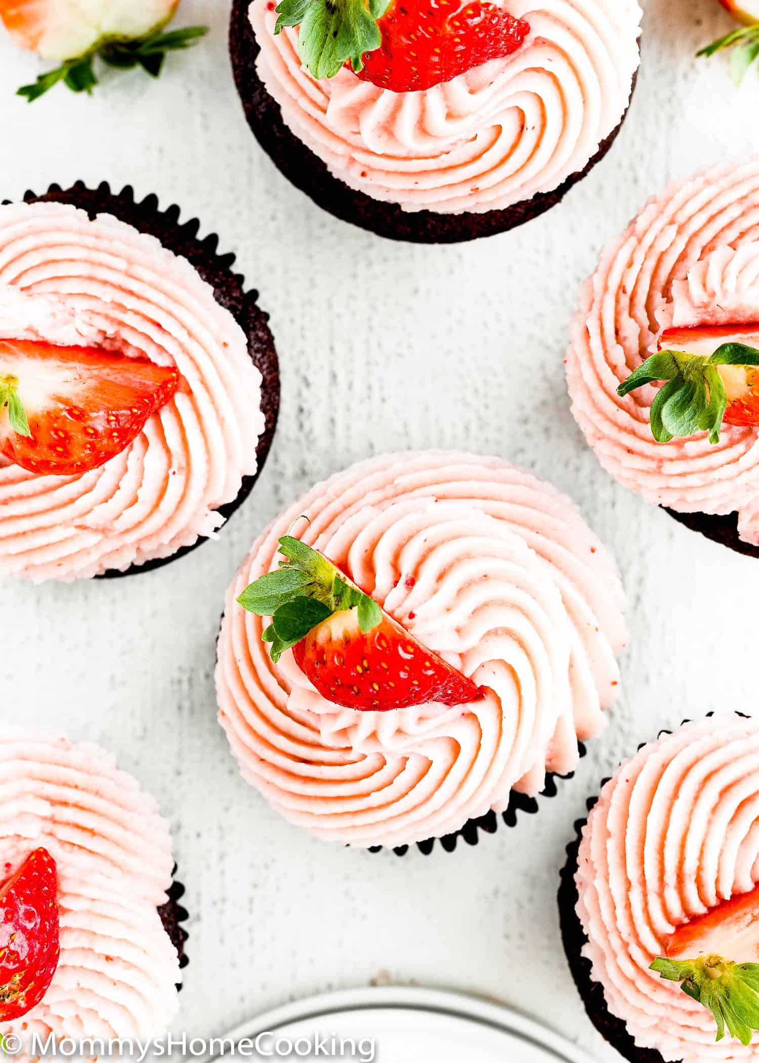 Eggless Chocolate Strawberry Cupcakes from the top