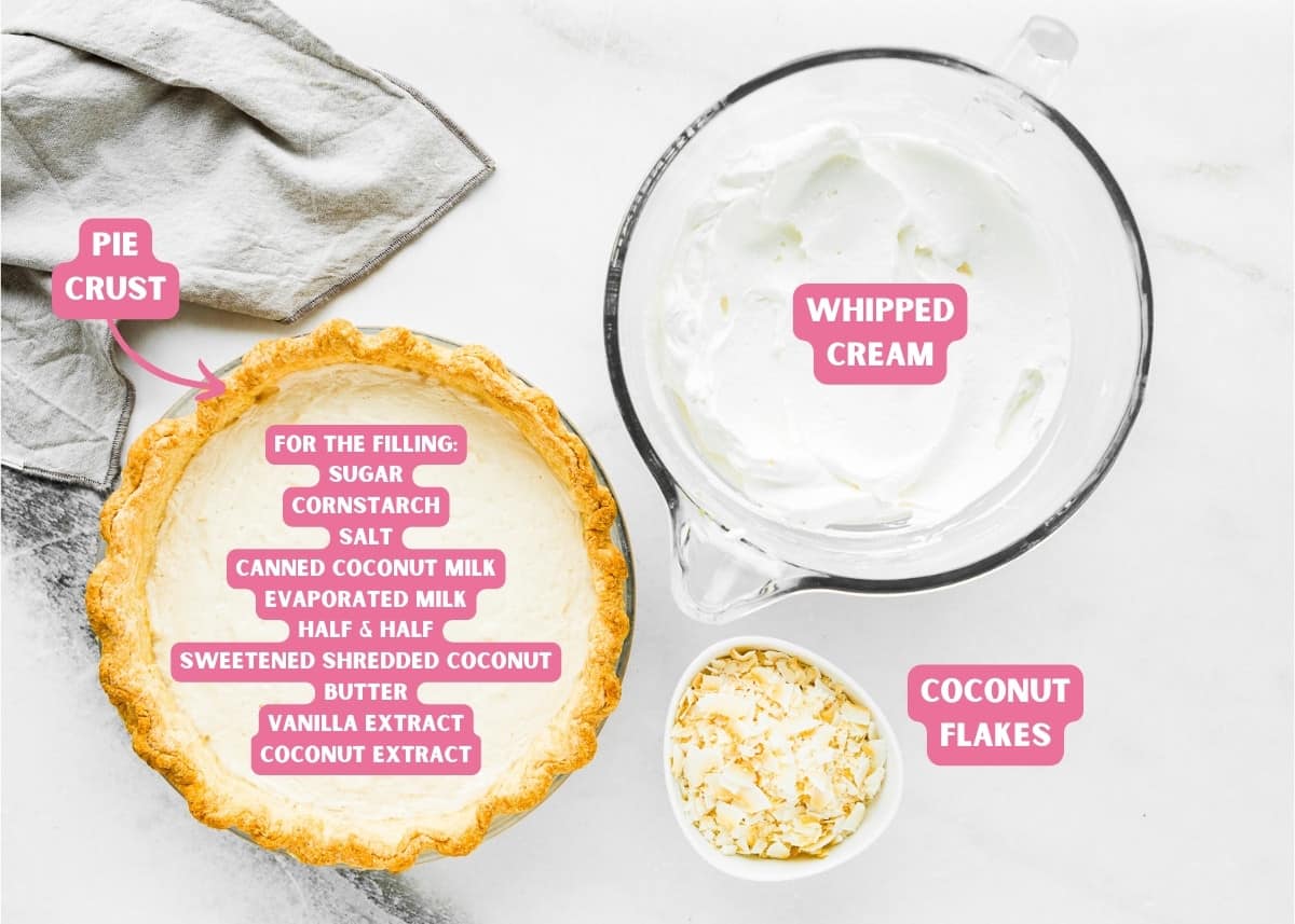 Ingredients needed to make homemade Eggless Coconut Cream Pie with name tags.