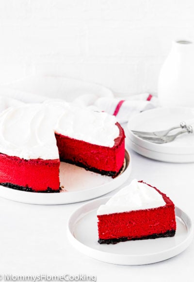 sliced Eggless Red Velvet Cheesecake on a plate.