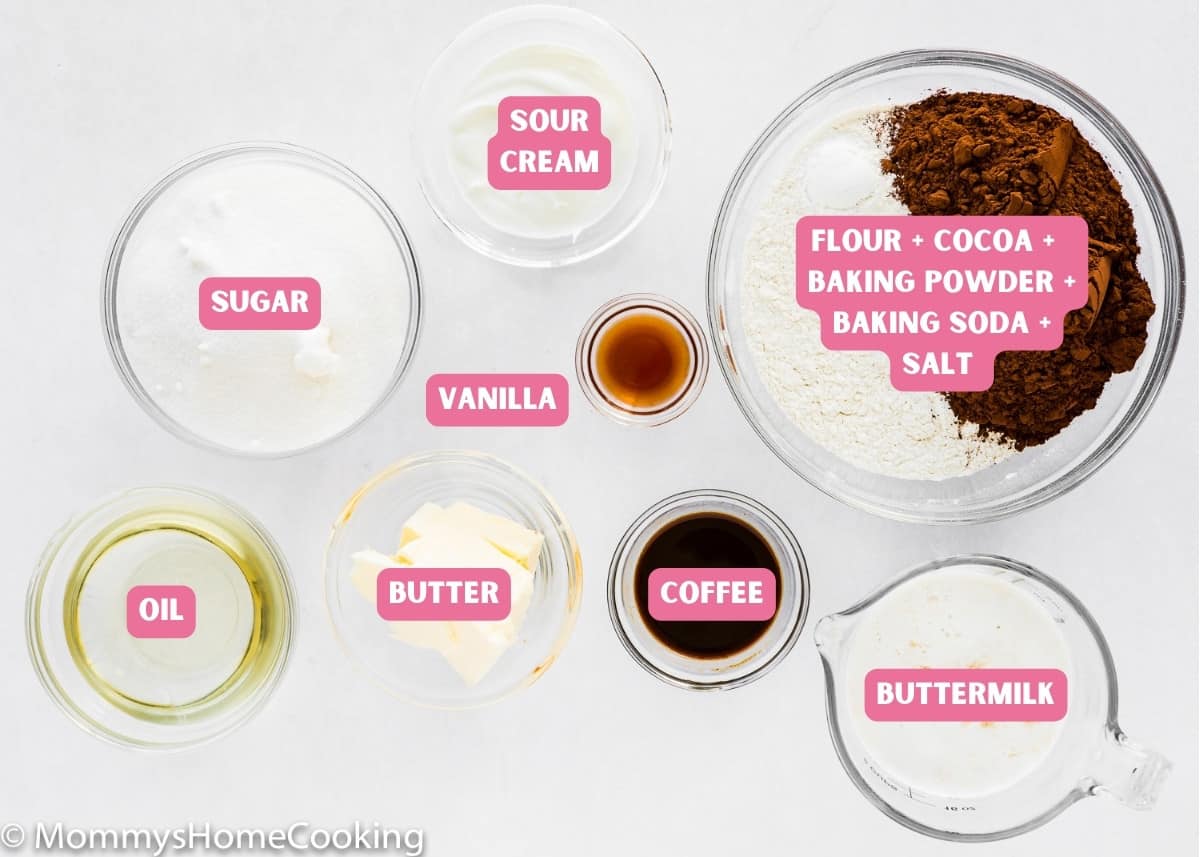 ingredients needed to make egg-free chocolate bundt cake with name tags. 