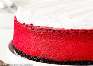 closeup of view of a eggless red velvet cheesecake on a plate