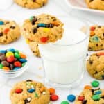Eggless Monster Cookies with a glass of milk