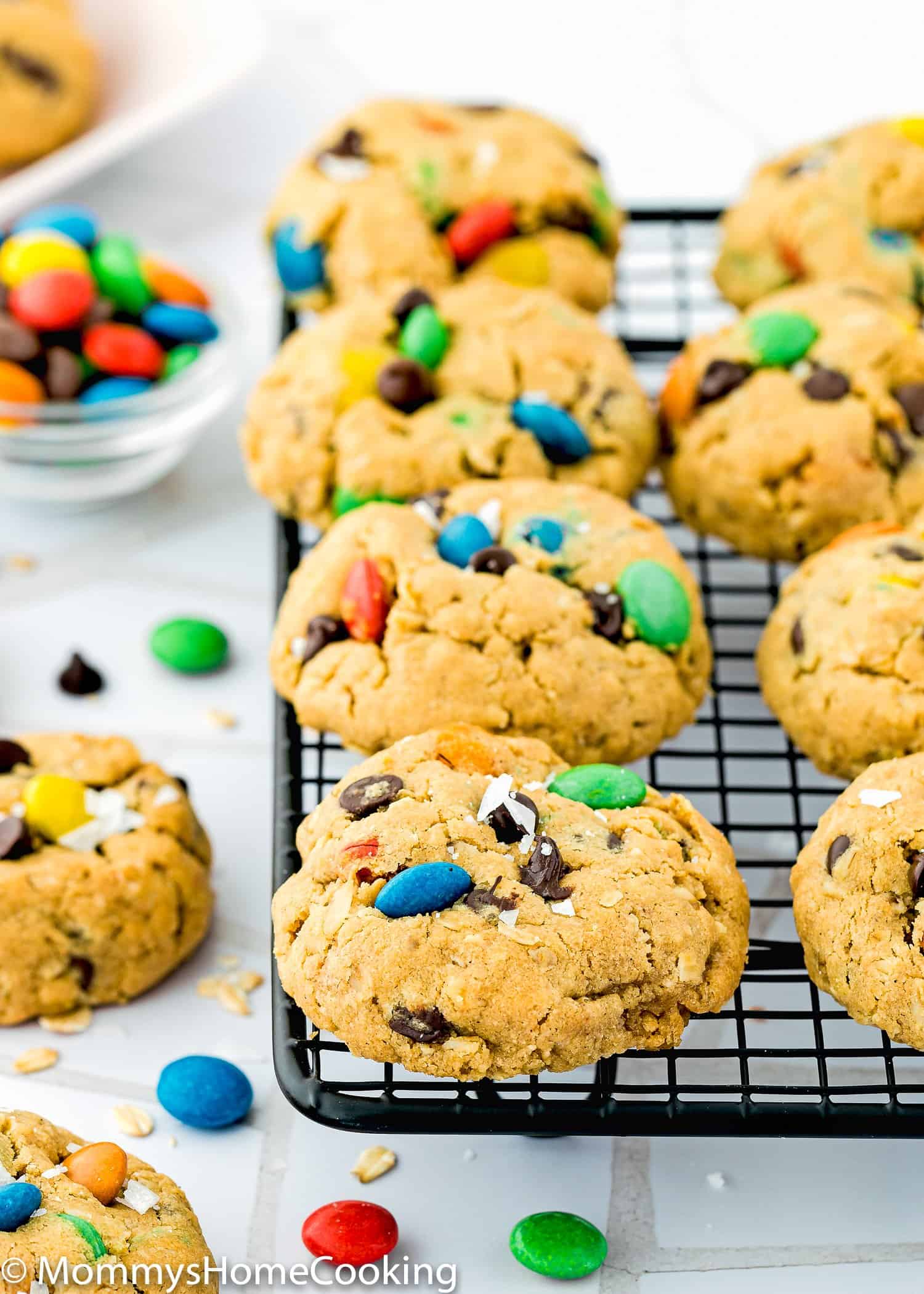 soft and chewy Eggless Monster Cookies on a cooling rack
