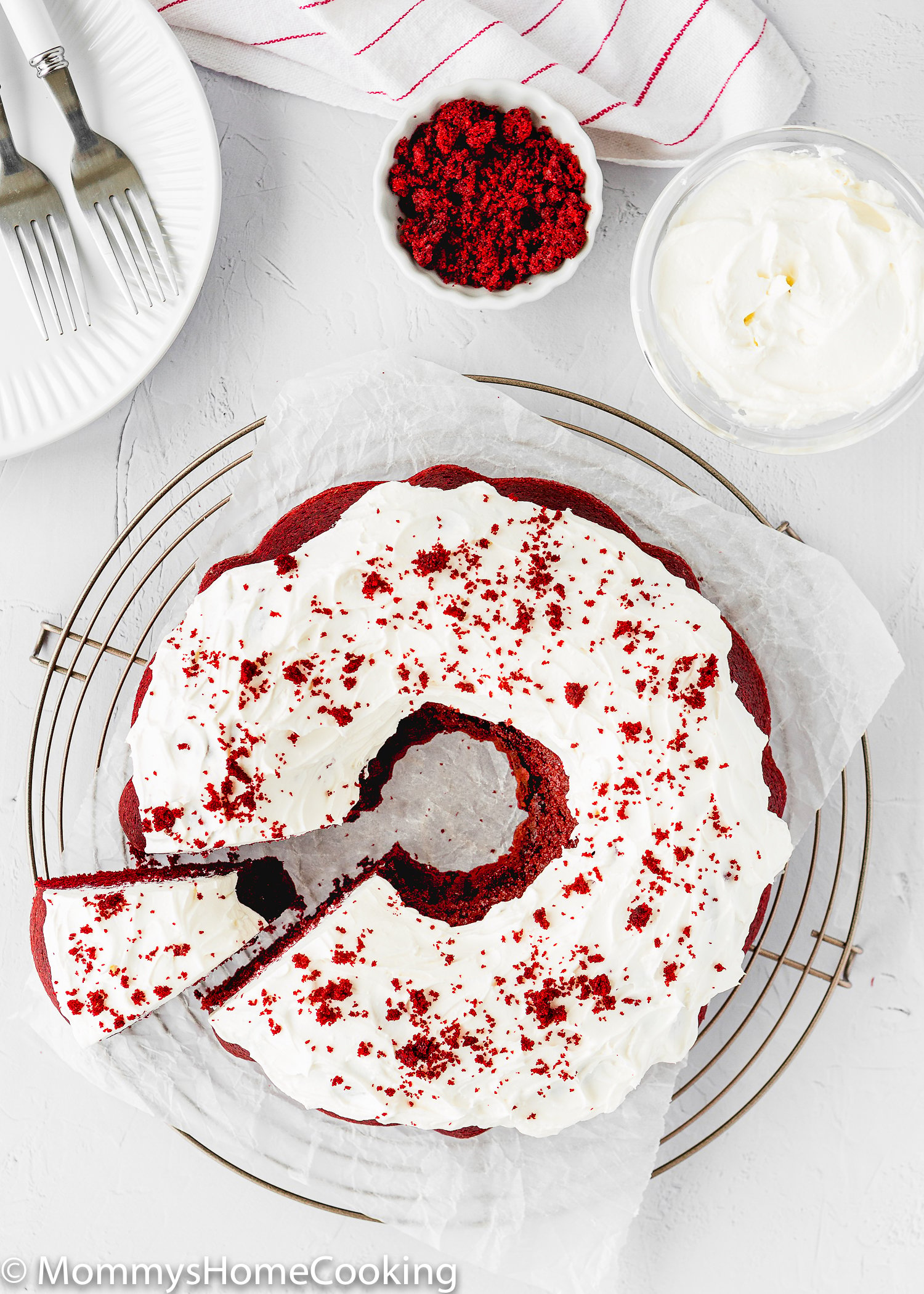 Eggless Red Velvet Bundt Cake sliced