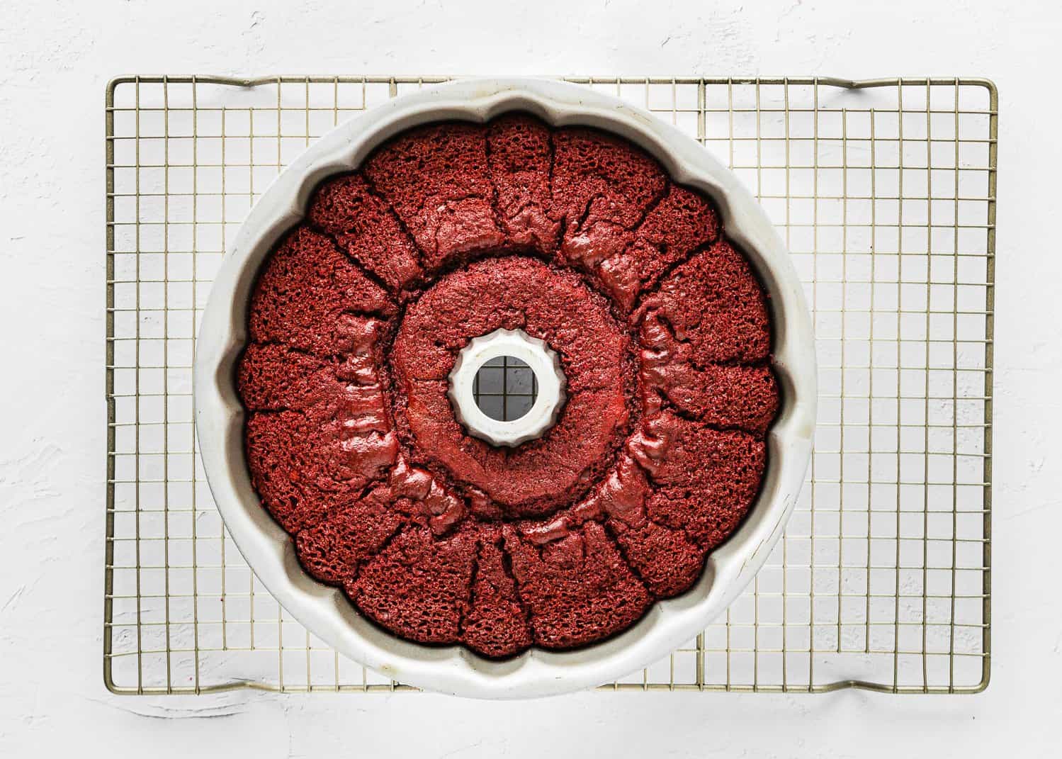 baked Eggless Red Velvet Bundt Cake in a bundt cake pan.