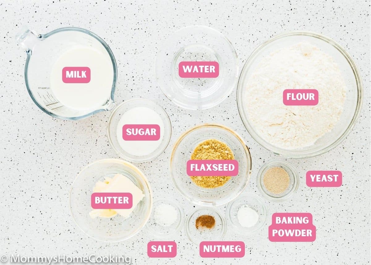 ingredients needed to make egg-free yeasted donuts with name tags. 