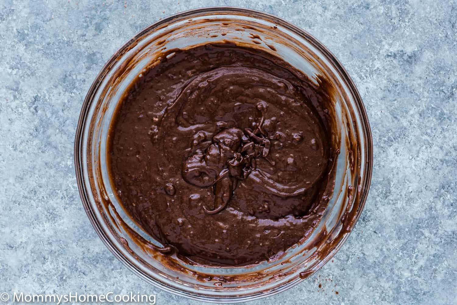 egg-free cakey brownie batter in a bowl. 