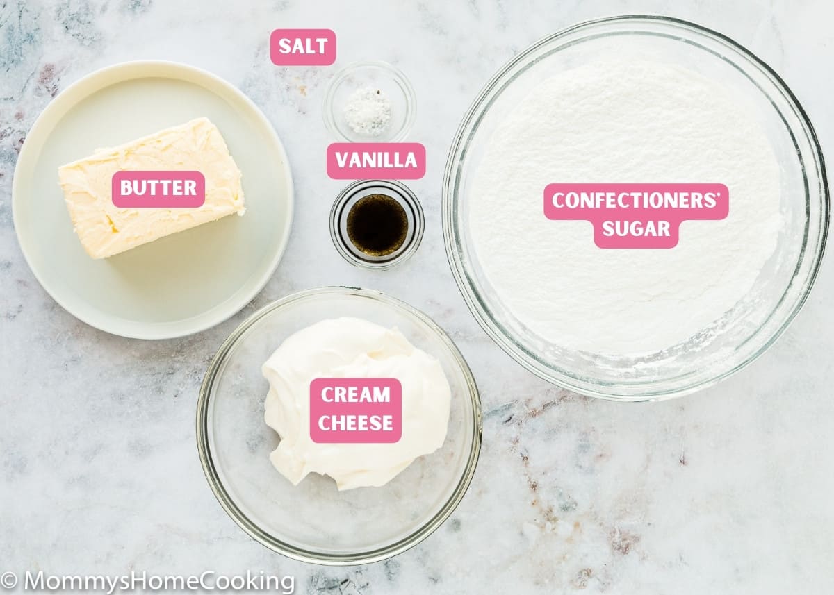 ingredients needed to make cream cheese frosting with name tags. 