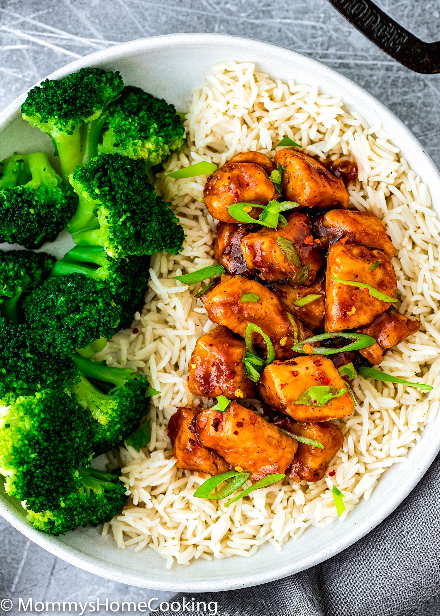 overview of a plate with rice, broccoli and Easy Sticky Bourbon Chicken