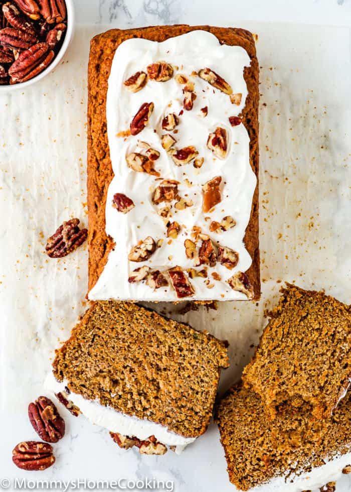 Overview of a sliced Eggless Carrot Cake Loaf