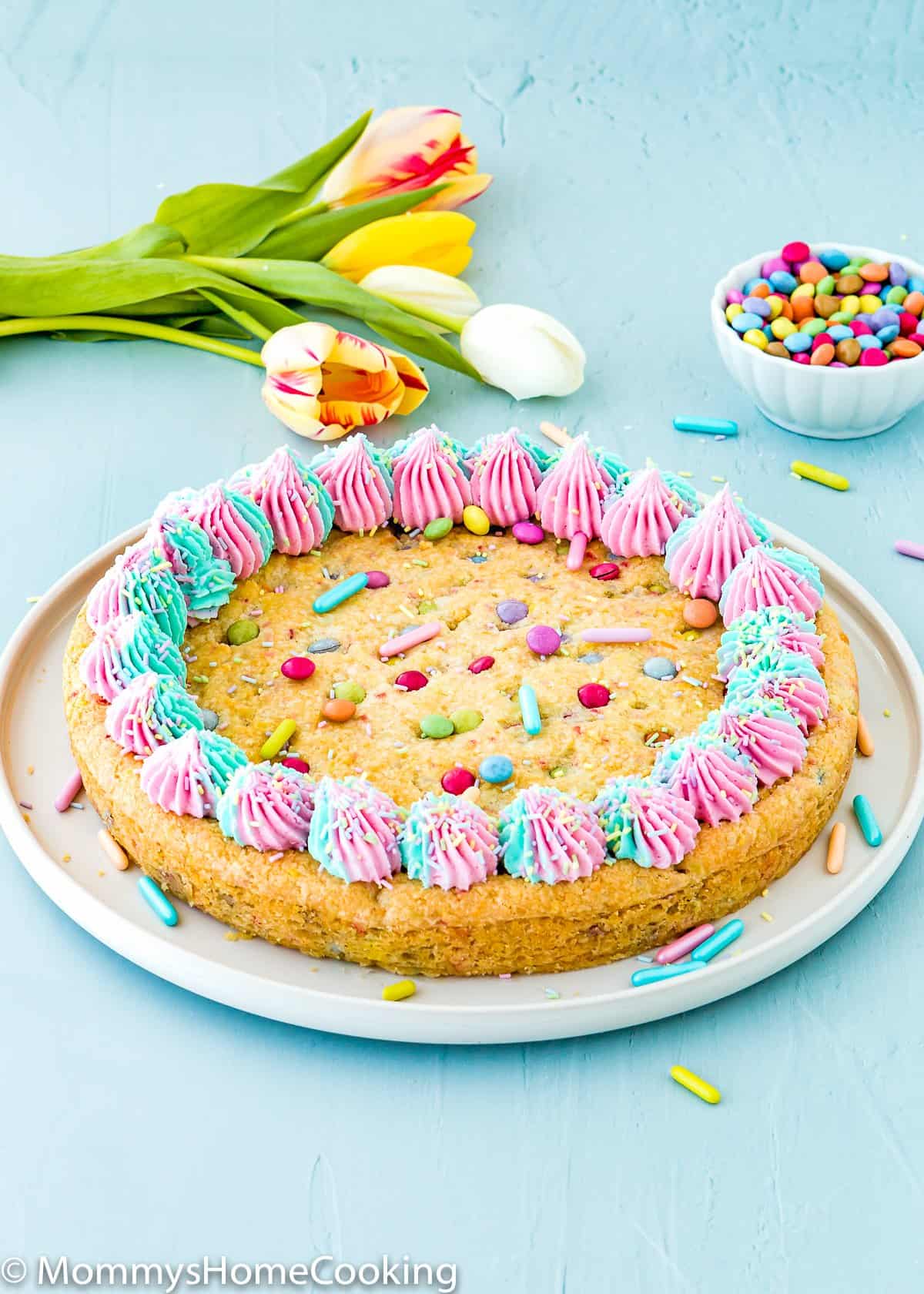 Eggless Easter Sugar Cookie Cake on a serving plate.