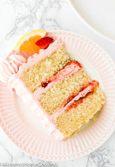 overhead view of a slice of Eggless Strawberry Lemonade Cake
