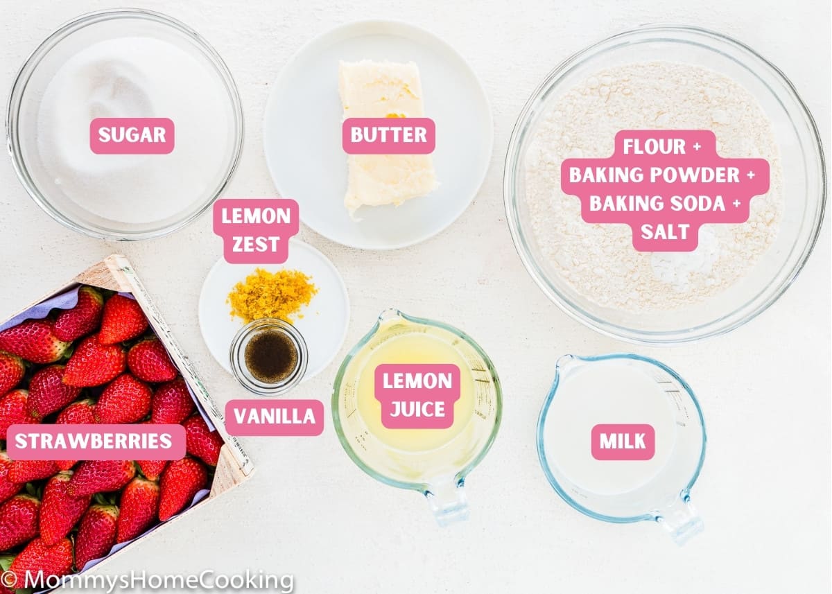 ingredients needed to make egg-free Strawberry lemonade cake with name tags.