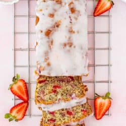 Overhead view of a Eggless Strawberry Banana Bread sliced