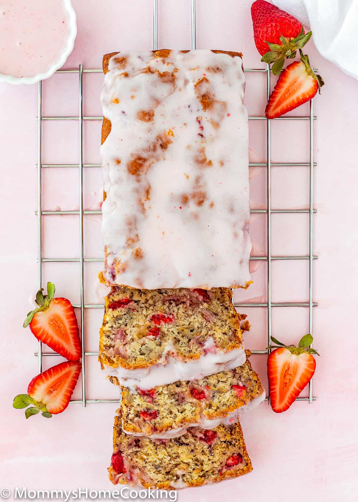 Overhead view of a Eggless Strawberry Banana Bread sliced.