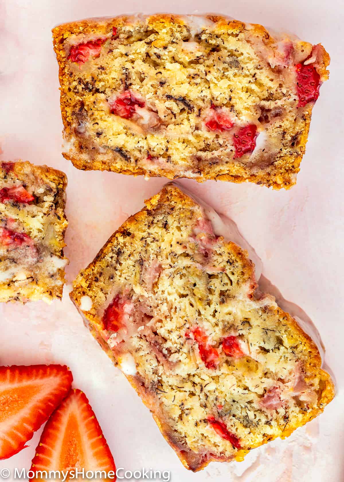 two slices of Eggless Strawberry Banana Bread.