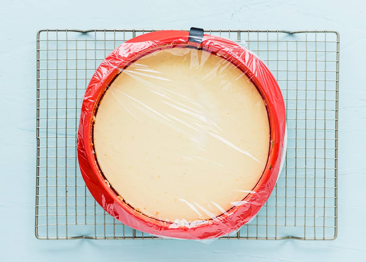 baked eggless cheesecake in a springform over a cooling rack covered with plastic wrap. 