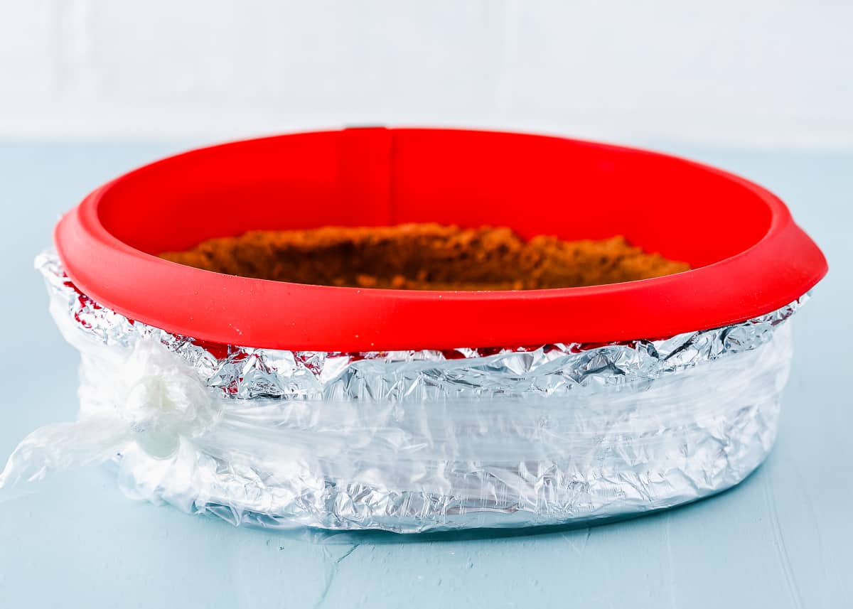 springform wrapped in foil and then wrapped again in a slow cooker liner to make cheesecake. 