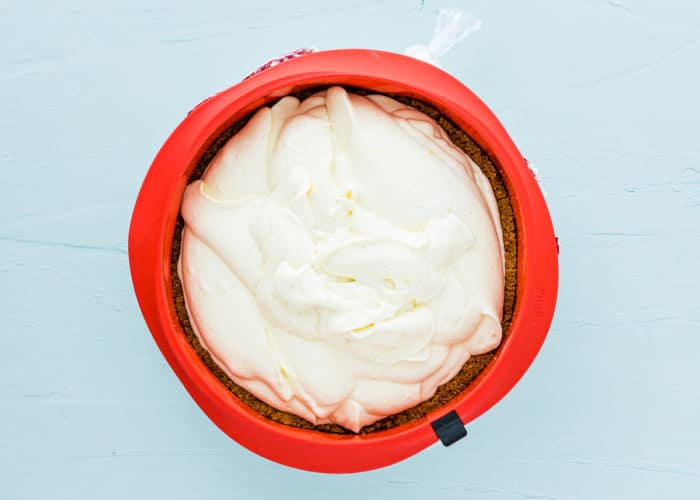 egg-free lemon cheesecake batter in a springform. 