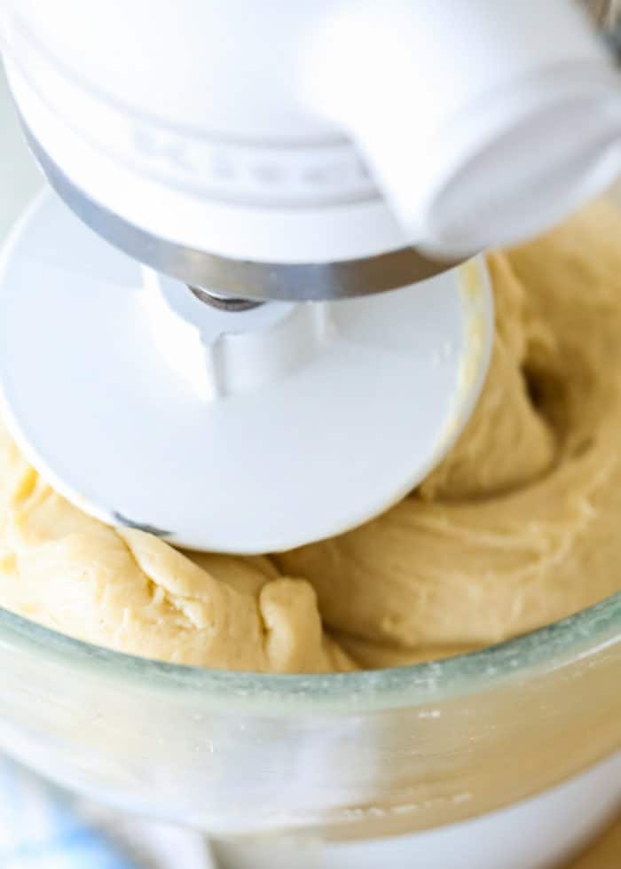 a stand mixer  kneading egg-free brioche dough. 