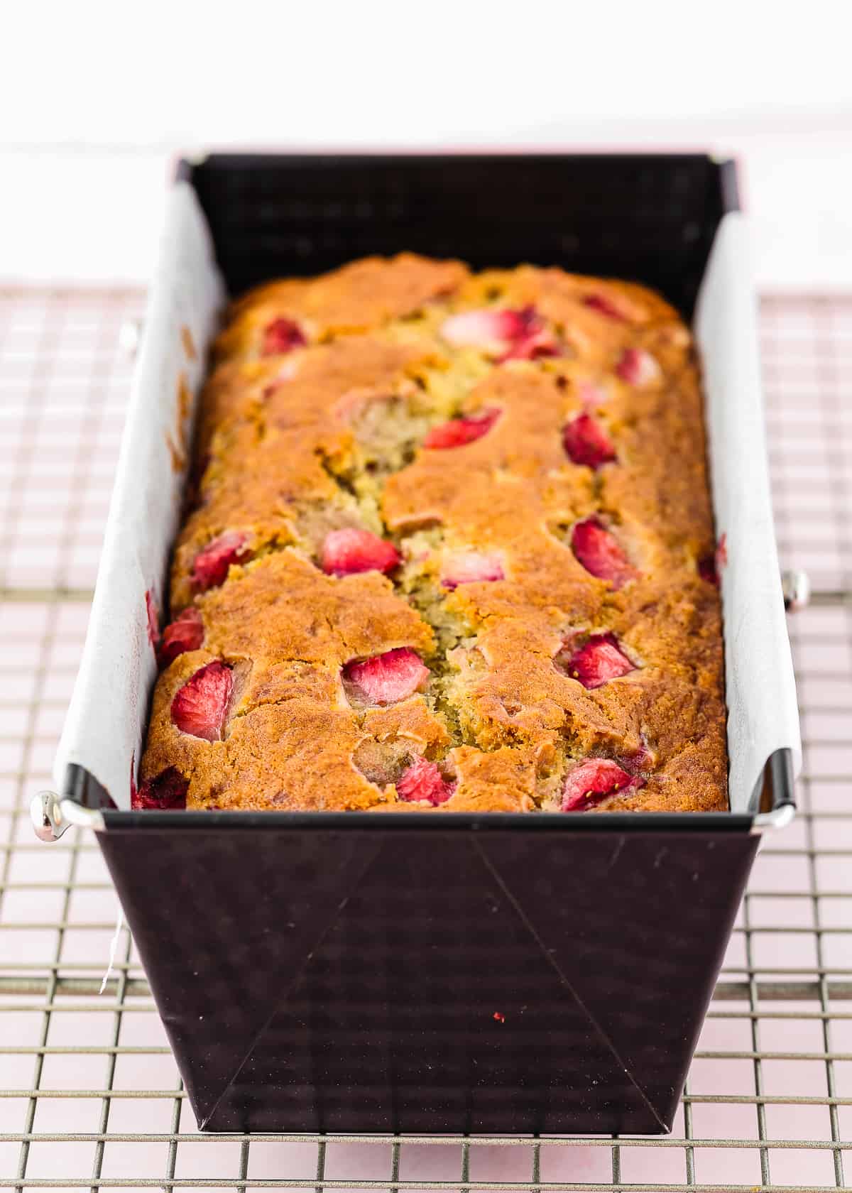 Eggless Strawberry Banana Bread in a loaf pan.