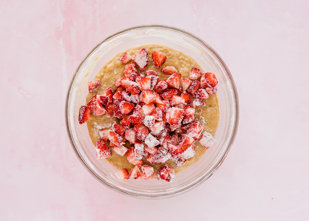 Eggless Strawberry Banana Bread batter with chopped strawberries