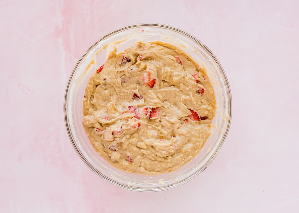 Eggless Strawberry Banana Bread batter in a bowl