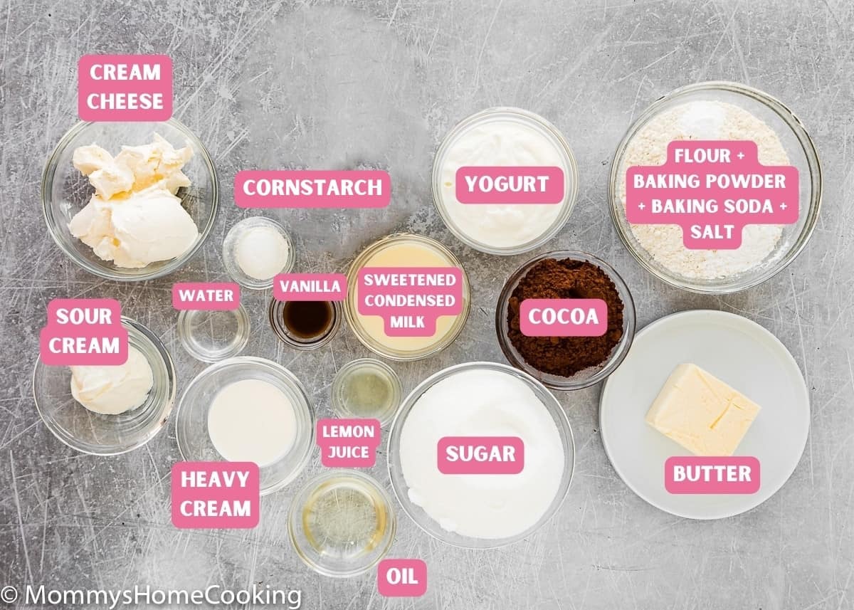 Ingredients needed to make eggless Cheesecake brownies with name tags. 