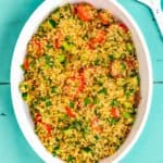 white salad bowl with Couscous Tabbouleh Salad