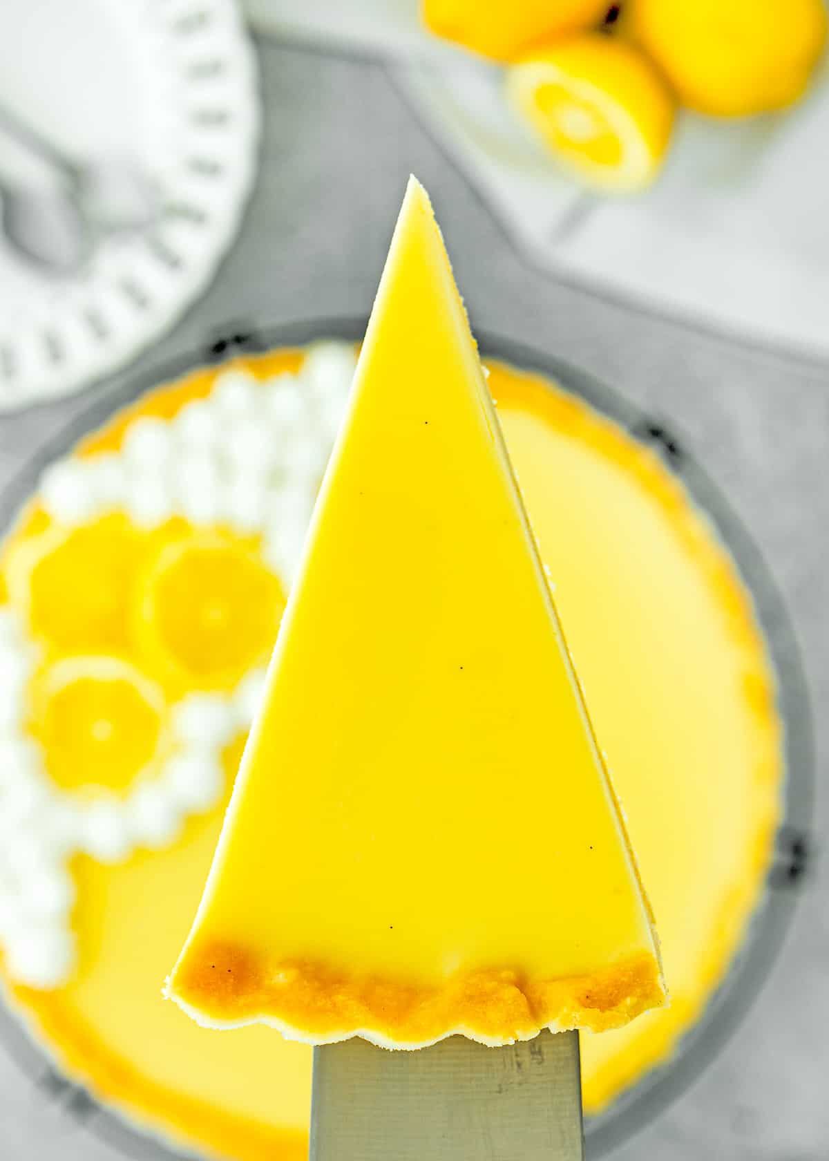 closeup view of a eggless lemon tart slice