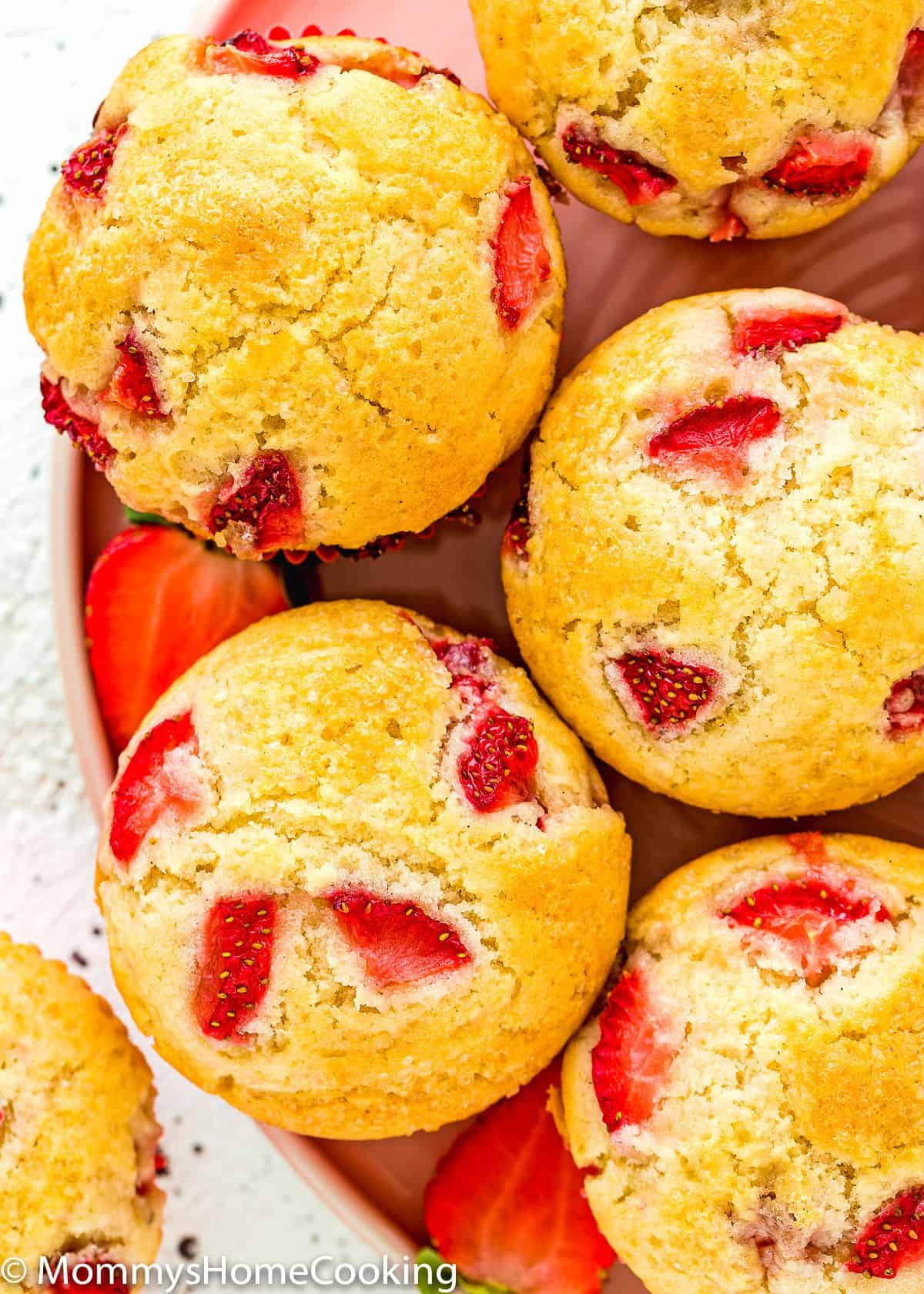 overhead view of egg free strawberry muffins 