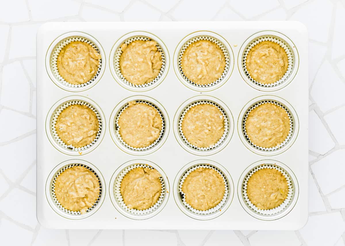 egg-free banana muffins batter in a muffin pan. 