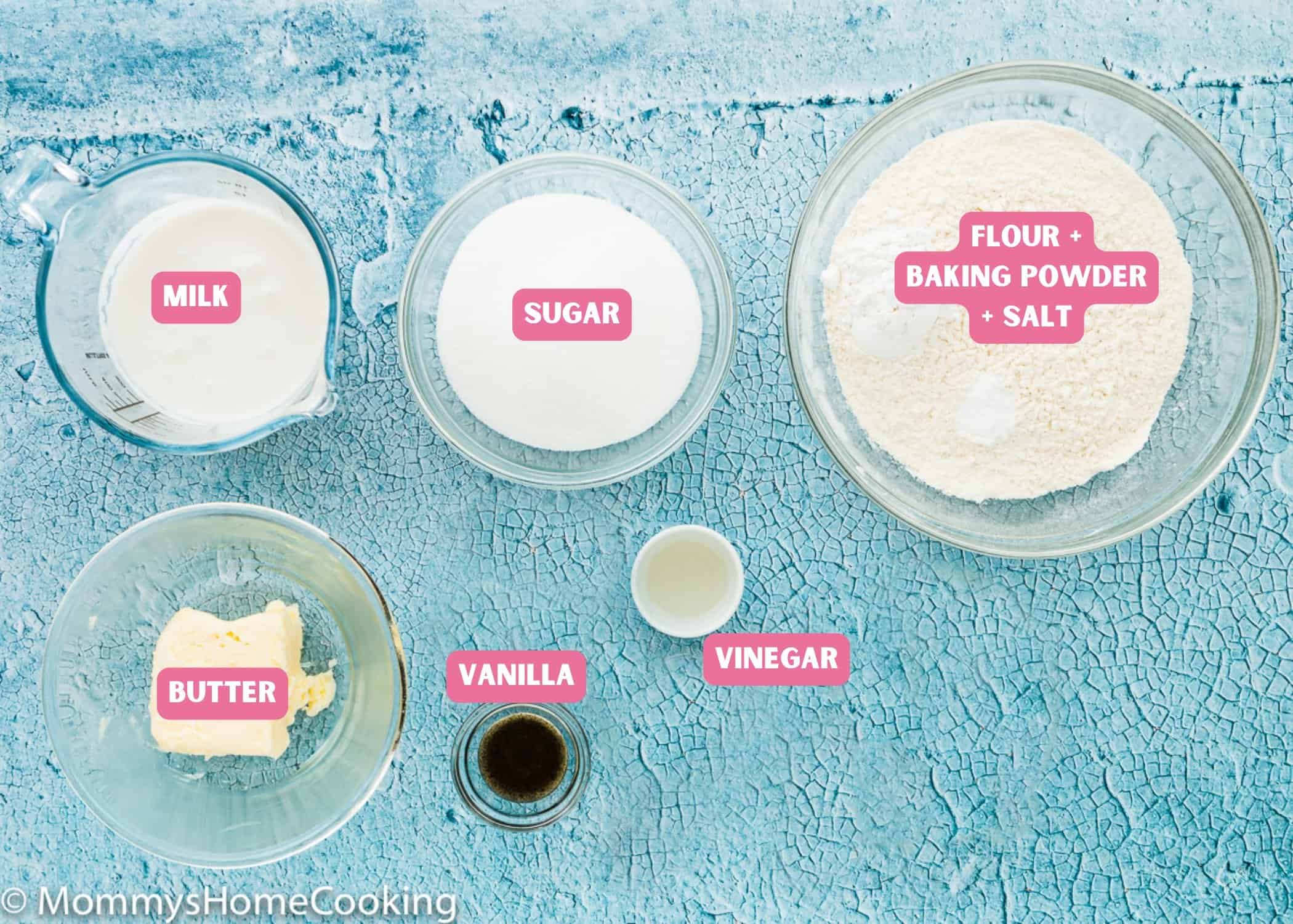 Eggless Vanilla Cupcake ingredients with name tags.