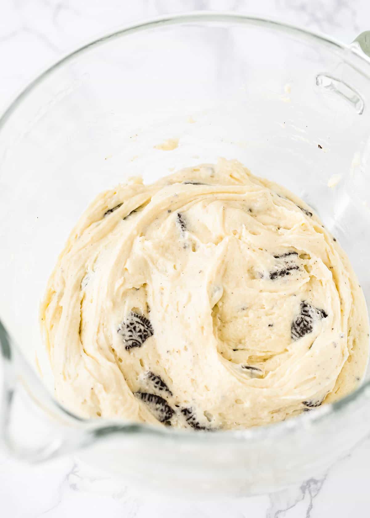eggless oreo cupcakes batter in a mixing bowl.