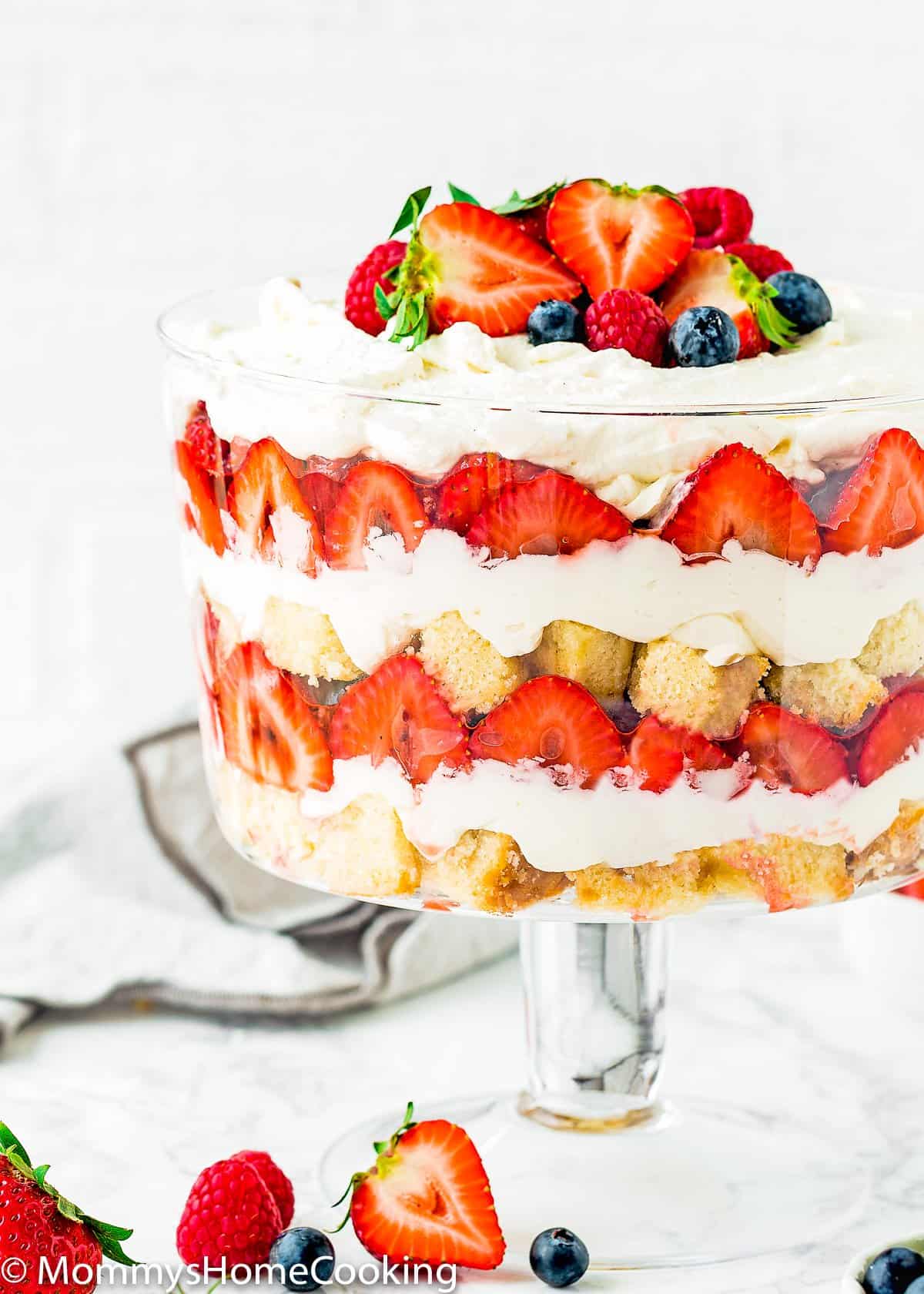 Eggless Berry Trifle Cake in a glass dish