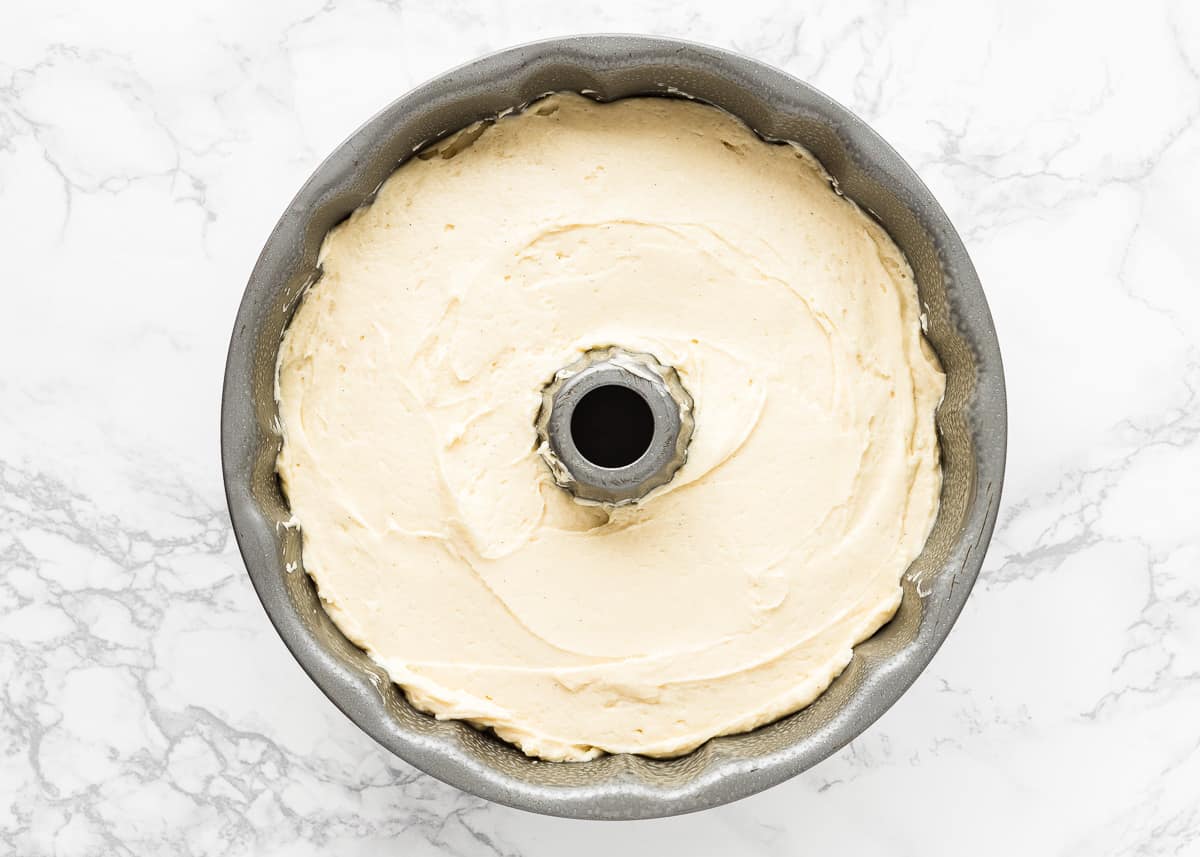 Eggless Cream Cheese Pound Cake batter in a bundt pan.