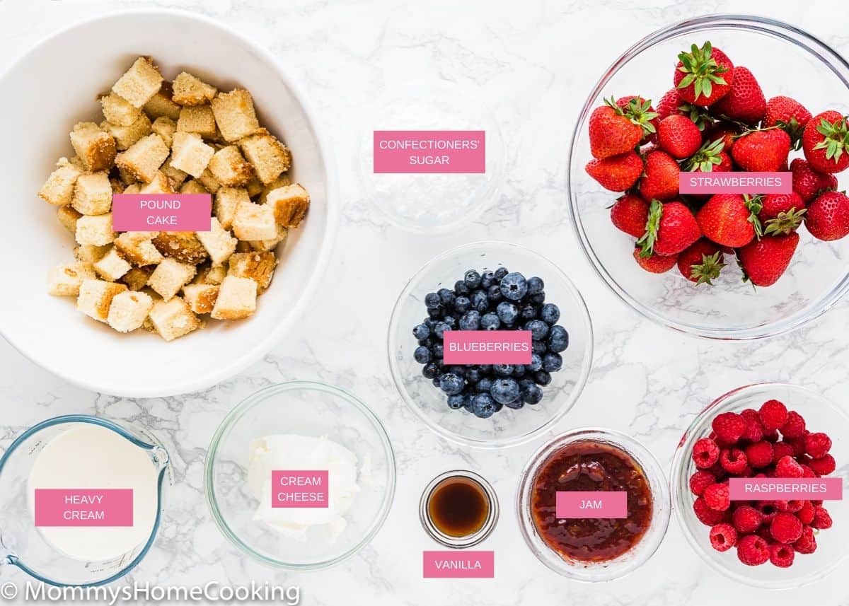 eggless berry trifle cake ingredients with name tags. 