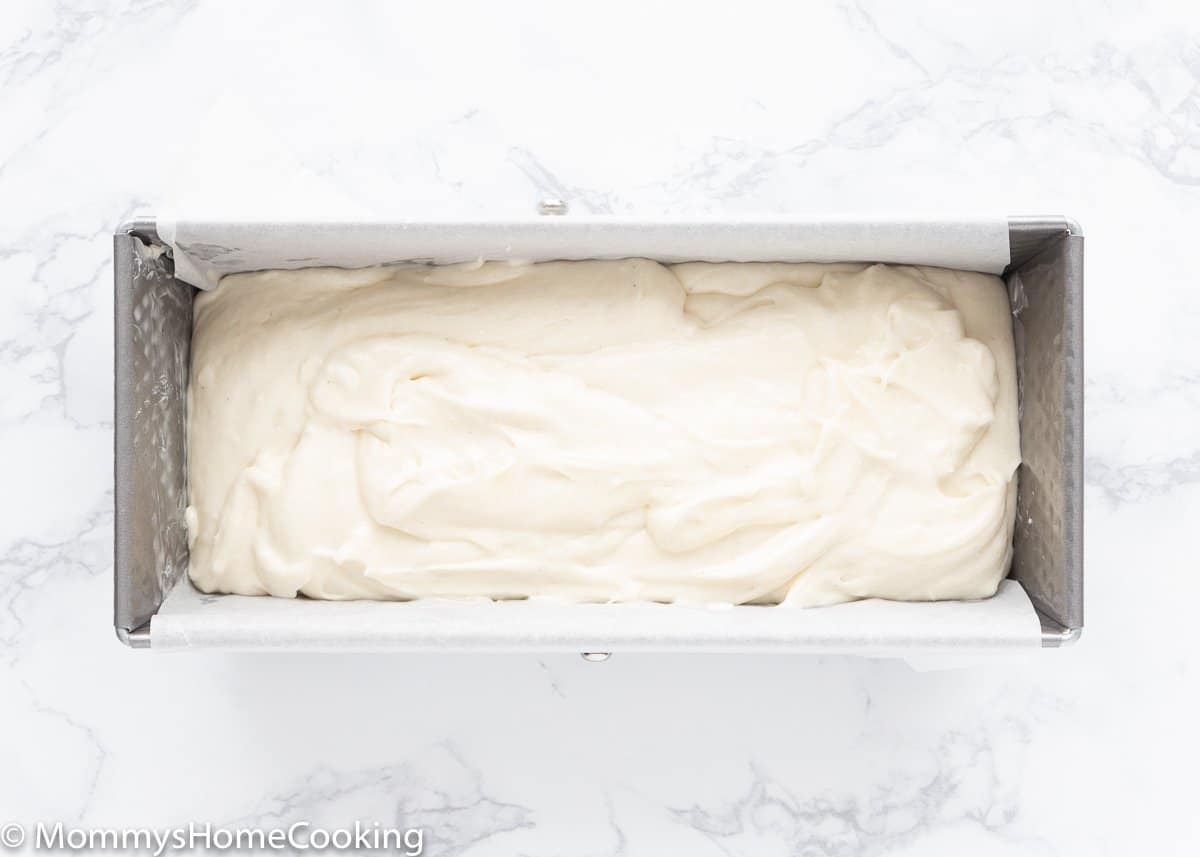 eggless cake batter in a loaf pan.