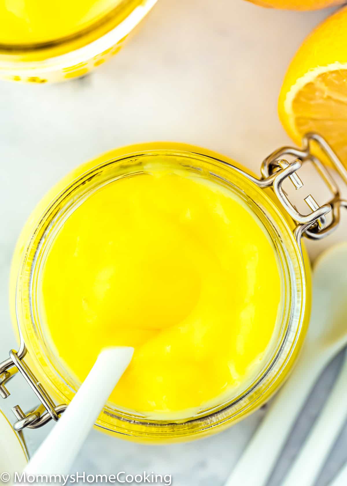 overhead view of Easy Eggless Lemon Curd in a jar