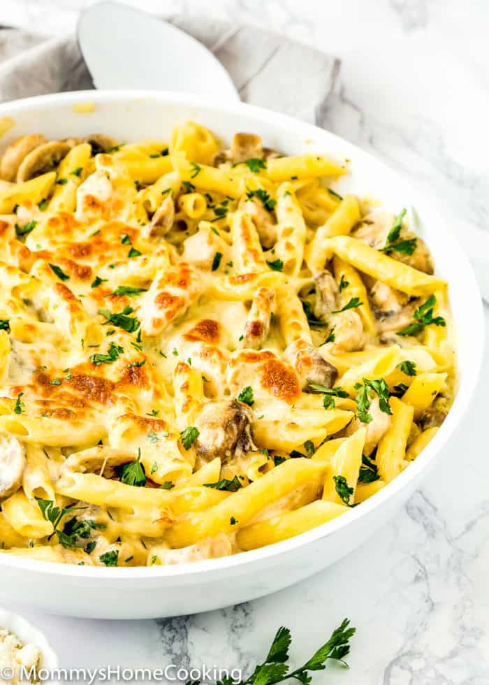 Chicken Tetrazzini with melted cheese on top