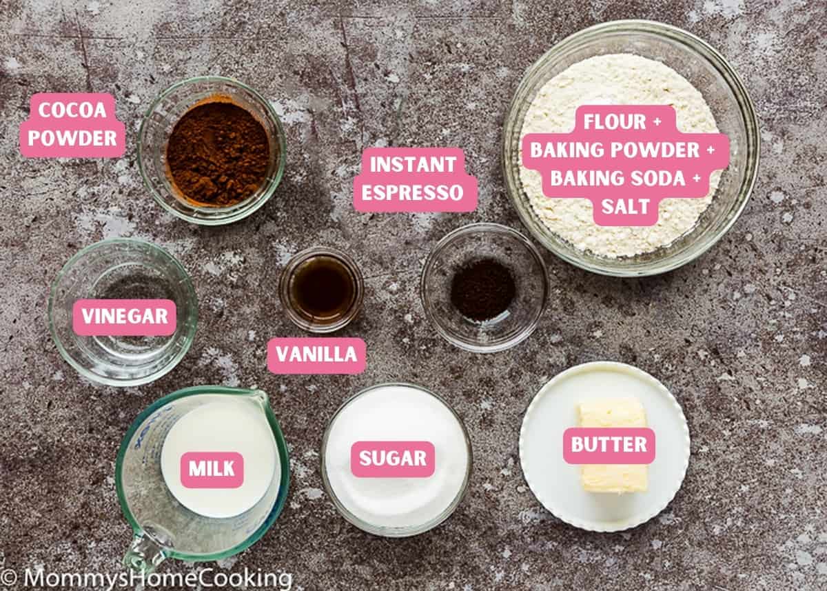ingredients needed to make egg-free marble cake with name tags.