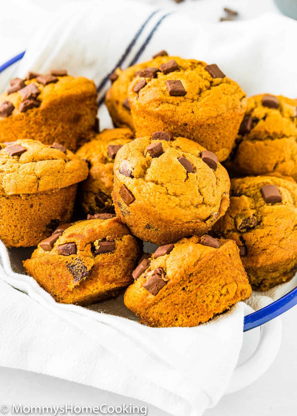 Eggless Chocolate Chip Pumpkin Muffins in a serving plate.